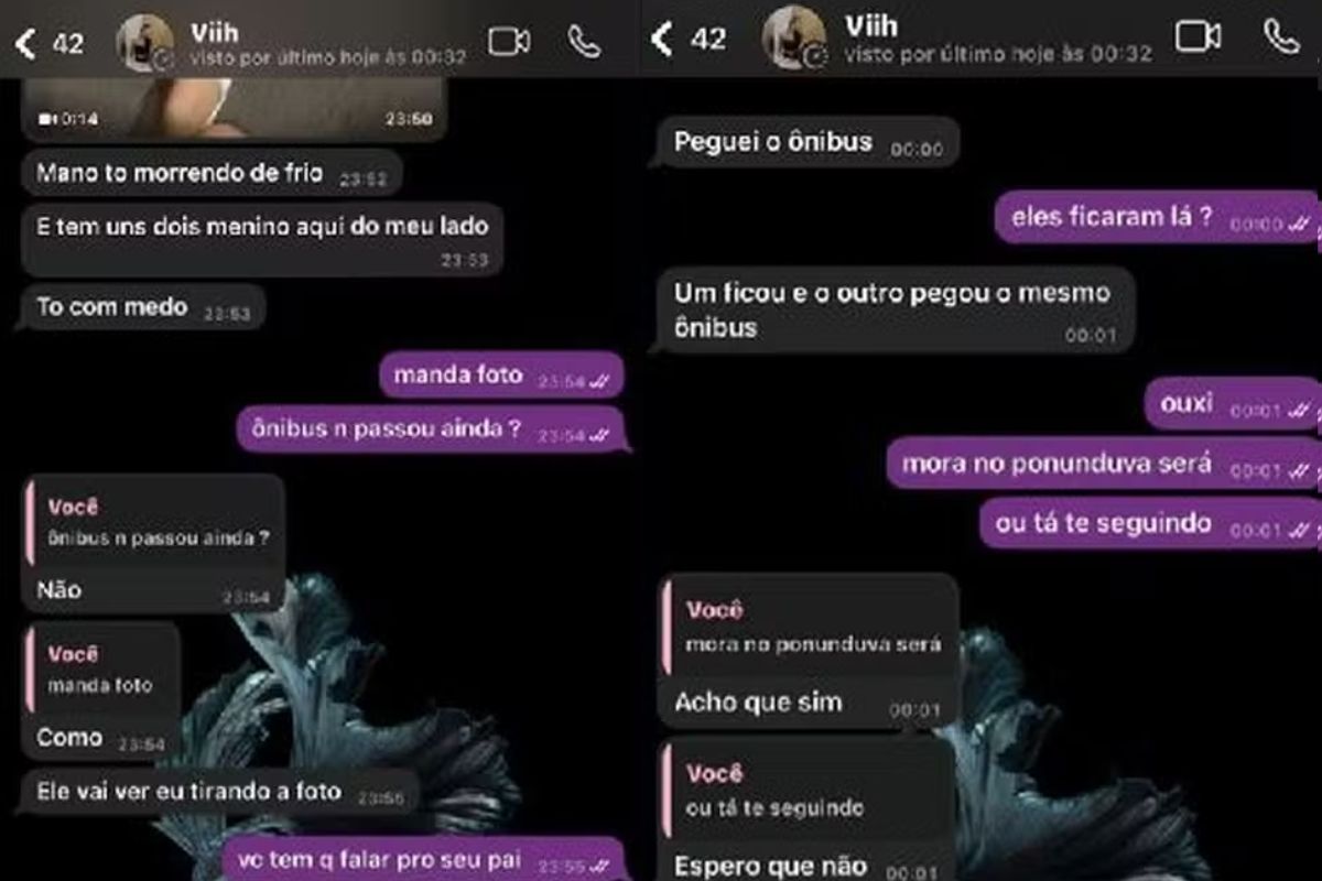 A imagem mostra dois prints da conversa entre Vitória e sua amiga.